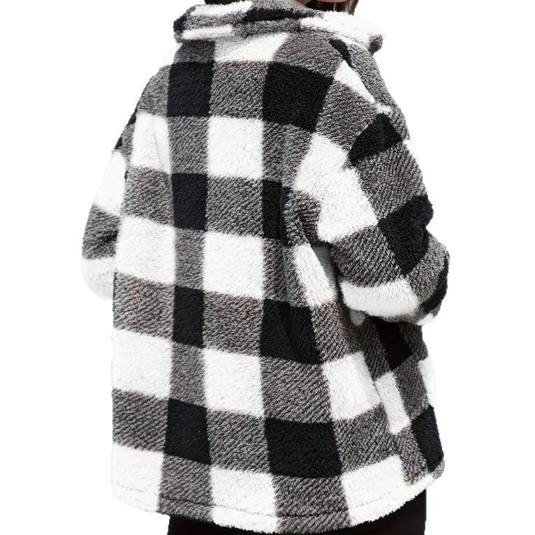 Luxiowear Women's Plaid Plush Jacket | Warm Winter Long Sleeve Casual Coat