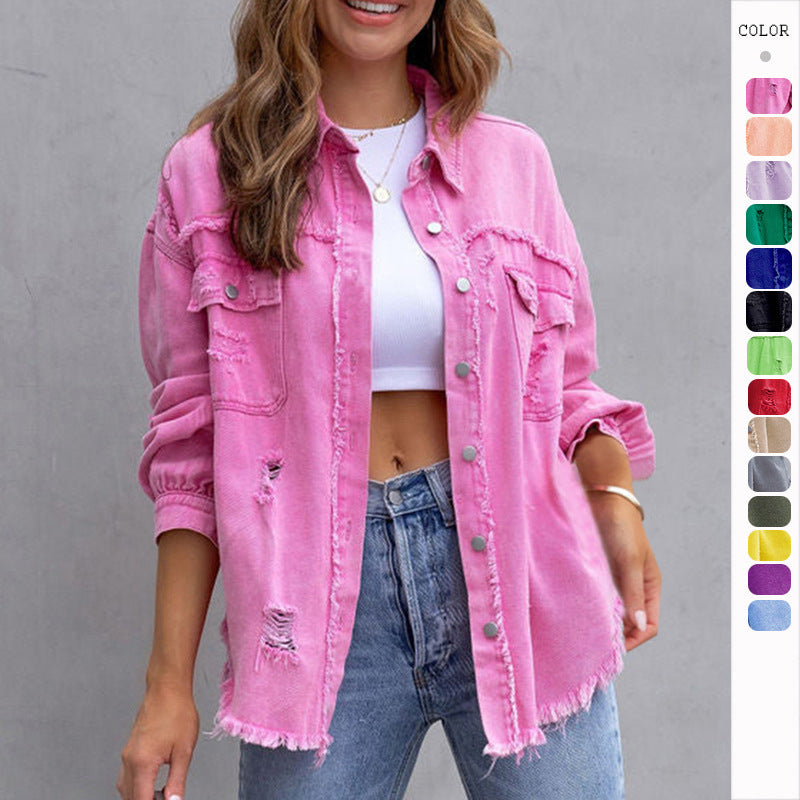 LuxioWear Ripped Shirt Jacket for Women | Casual Autumn Spring Top