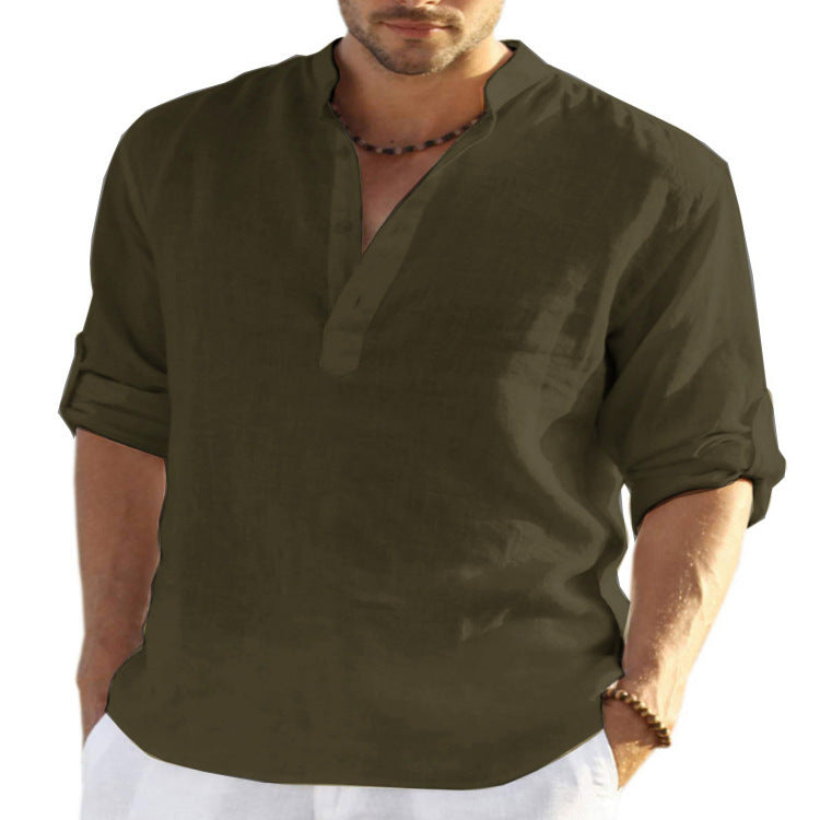 LuxioWear Mens Cotton Linen Shirt | Solid Color Long Sleeve Stand Collar