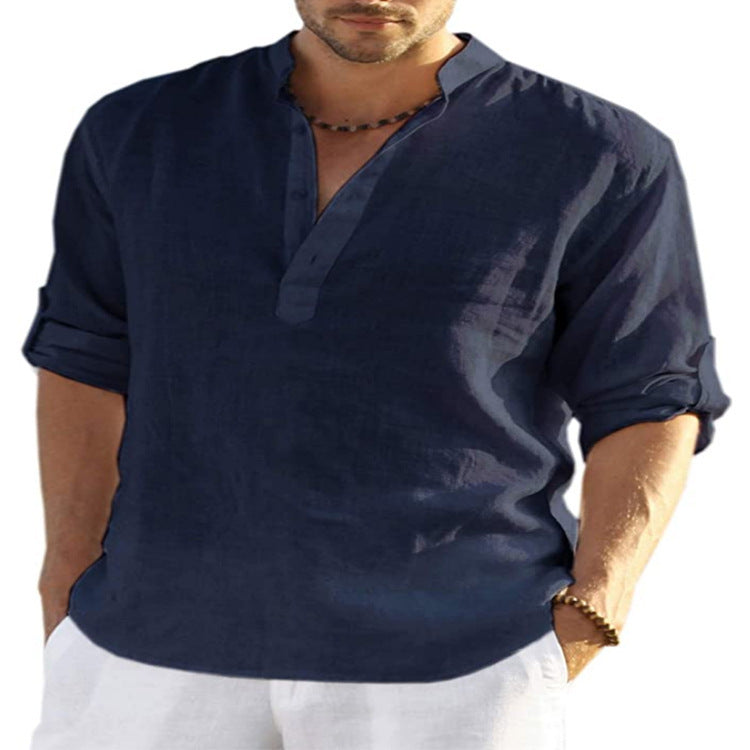 LuxioWear Mens Cotton Linen Shirt | Solid Color Long Sleeve Stand Collar