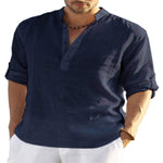 LuxioWear Mens Cotton Linen Shirt | Solid Color Long Sleeve Stand Collar