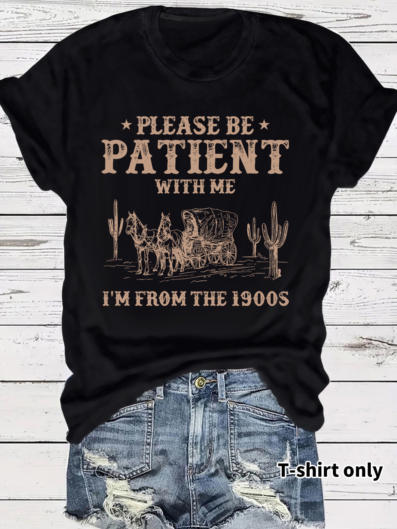 LuxioWear Western Denim Retro T-Shirt | Round Neck Short Sleeve Print Top