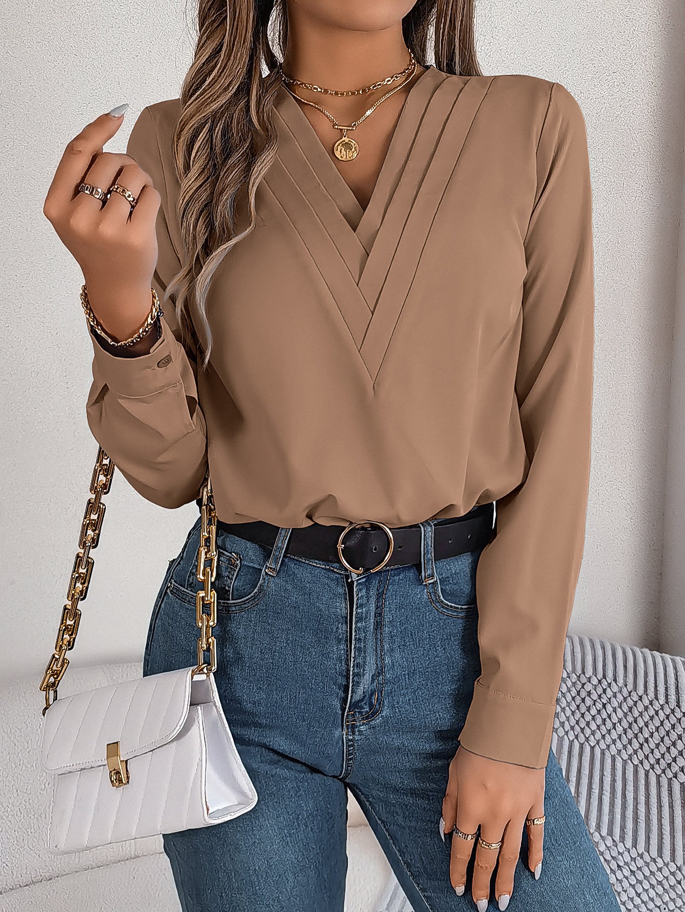 Luxiowear Layered V-Neck Long Sleeve Blouse | Elegant Women’s Solid Color Shirt