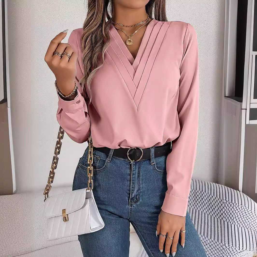 Luxiowear Layered V-Neck Long Sleeve Blouse | Elegant Women’s Solid Color Shirt
