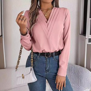Luxiowear Layered V-Neck Long Sleeve Blouse | Elegant Women’s Solid Color Shirt