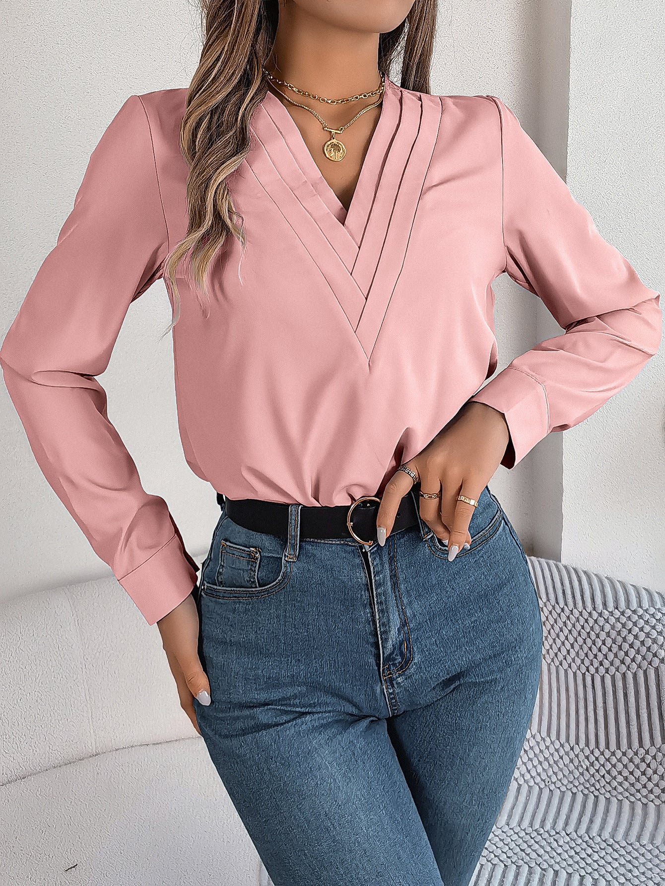 Luxiowear Layered V-Neck Long Sleeve Blouse | Elegant Women’s Solid Color Shirt