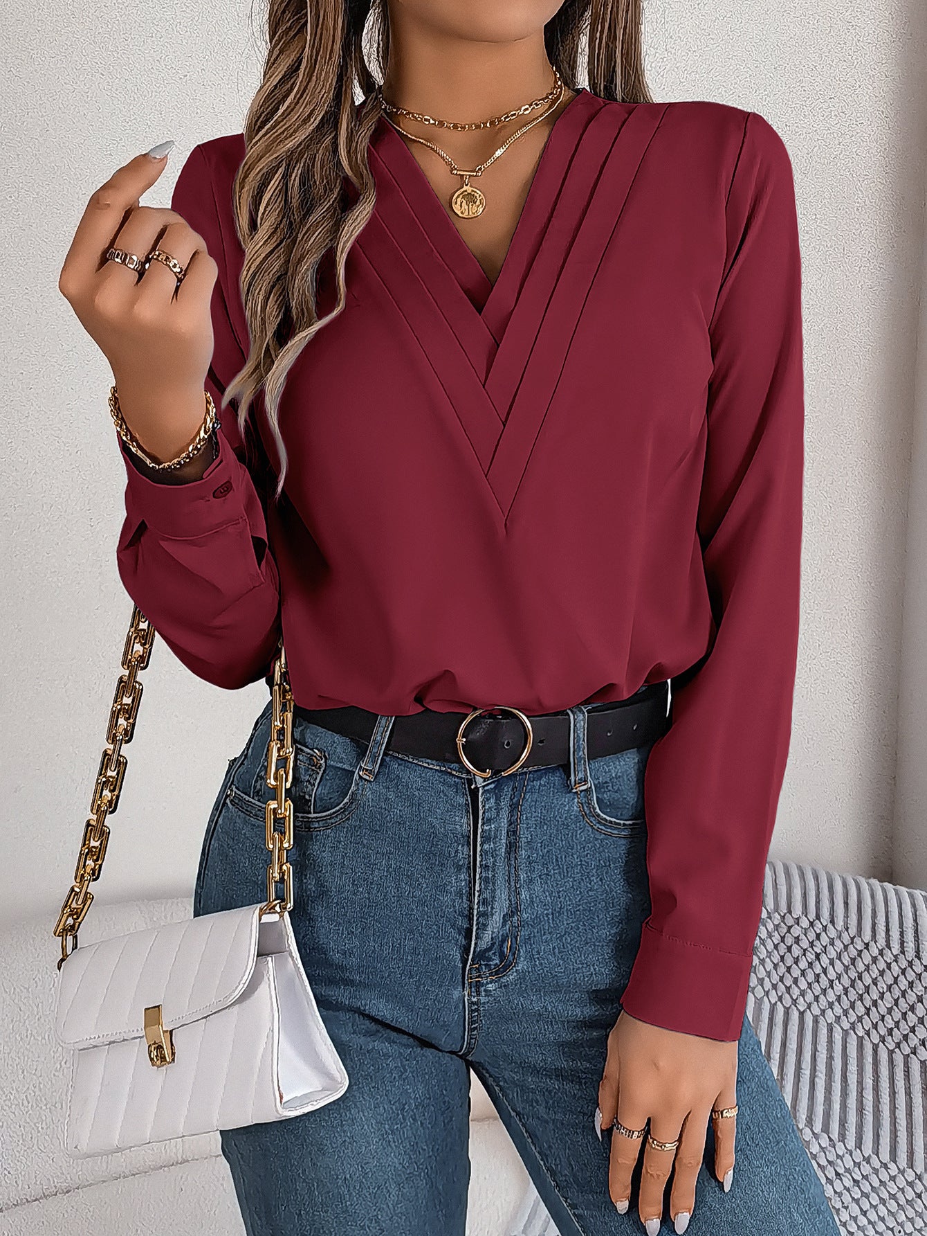 Luxiowear Layered V-Neck Long Sleeve Blouse | Elegant Women’s Solid Color Shirt