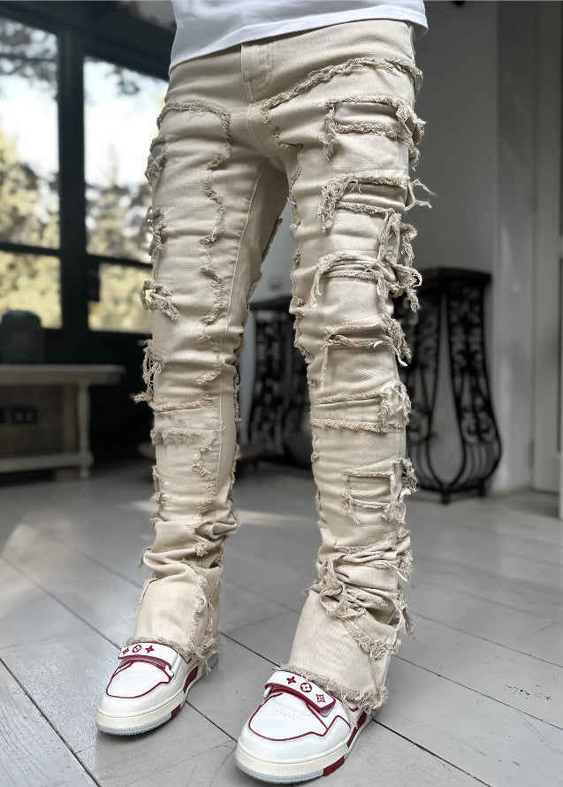 LuxioWear Men’s Stacked Jeans | Slim Fit Patched Cotton Trousers