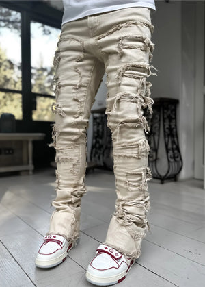 LuxioWear Men’s Stacked Jeans | Slim Fit Patched Cotton Trousers