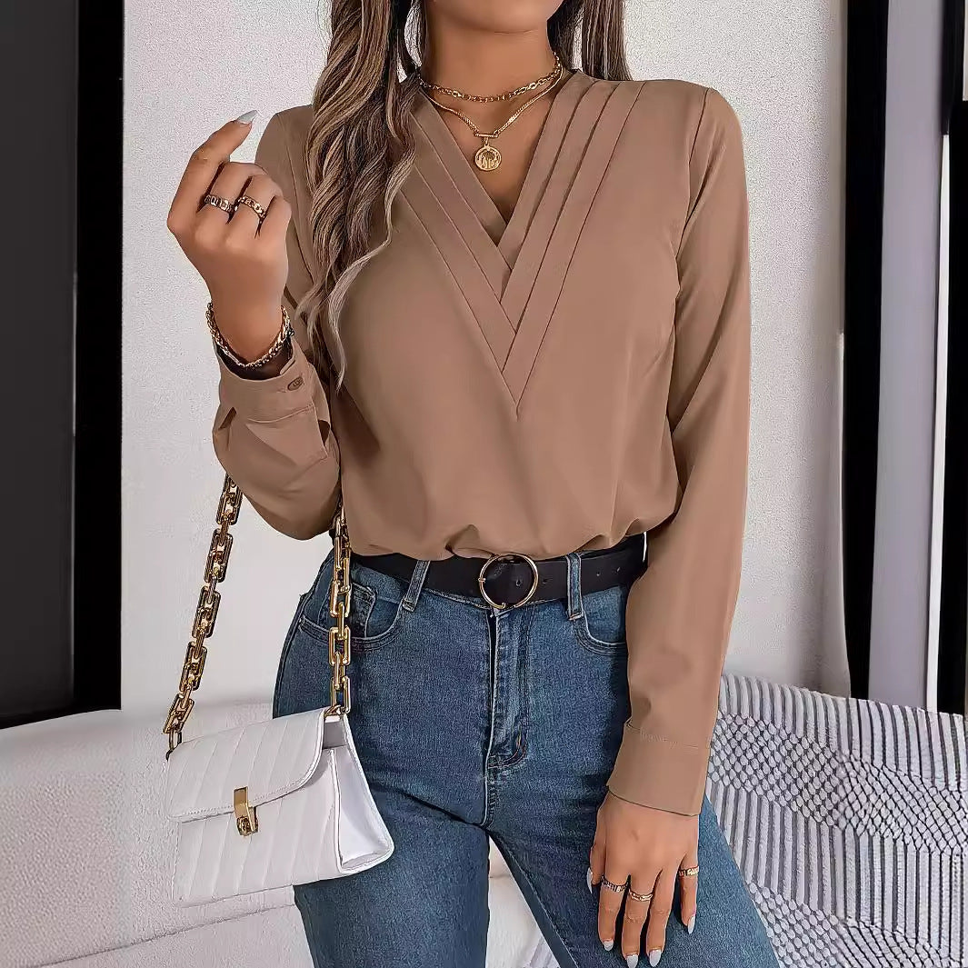 Luxiowear Layered V-Neck Long Sleeve Blouse | Elegant Women’s Solid Color Shirt