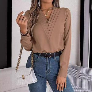 Luxiowear Layered V-Neck Long Sleeve Blouse | Elegant Women’s Solid Color Shirt