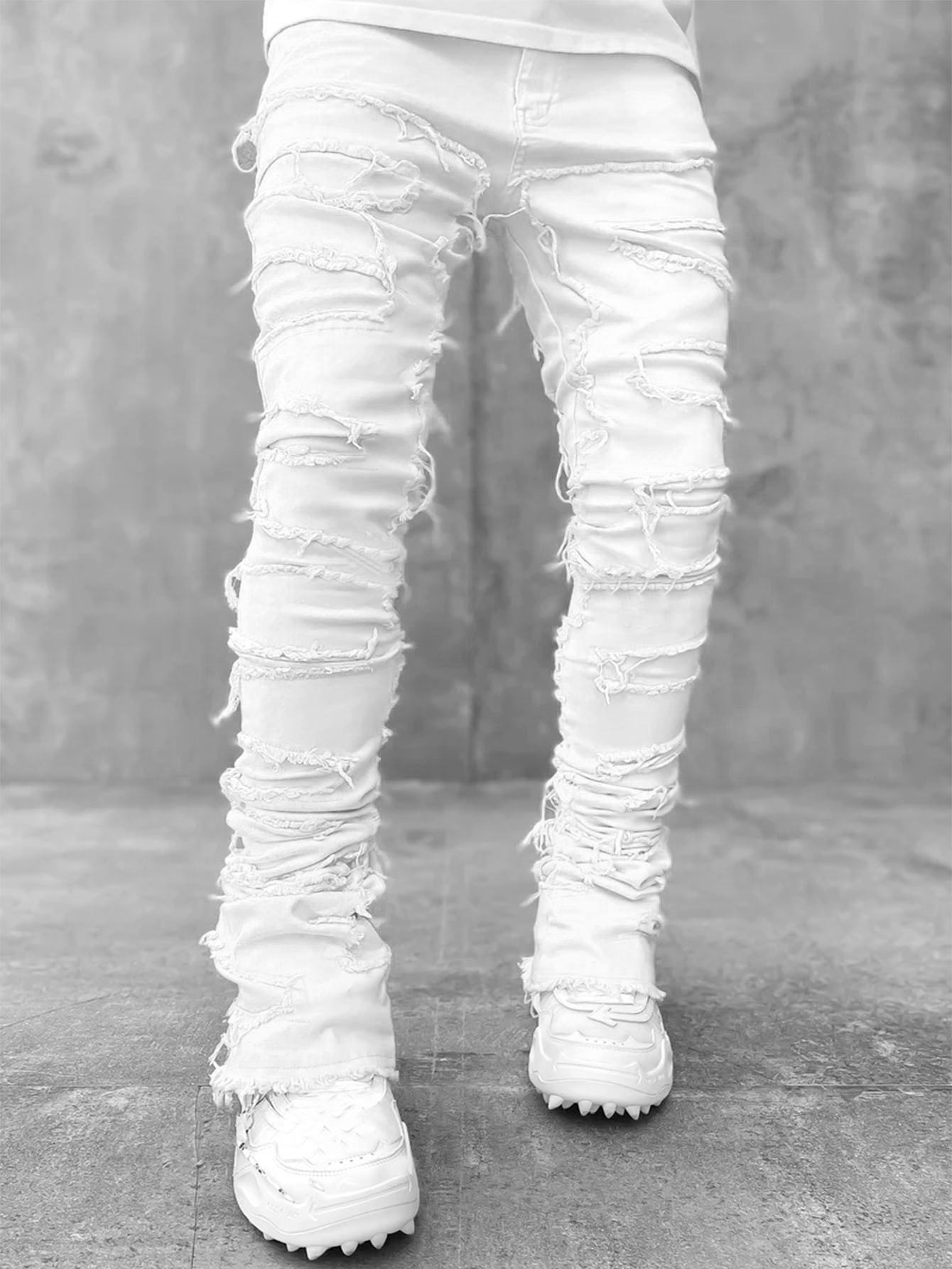 LuxioWear Men’s Stacked Jeans | Slim Fit Patched Cotton Trousers