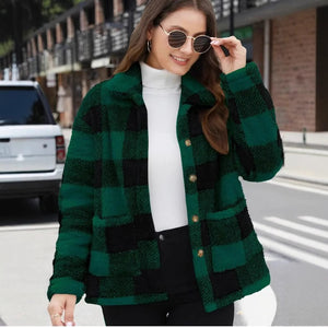 Luxiowear Women's Plaid Plush Jacket | Warm Winter Long Sleeve Casual Coat