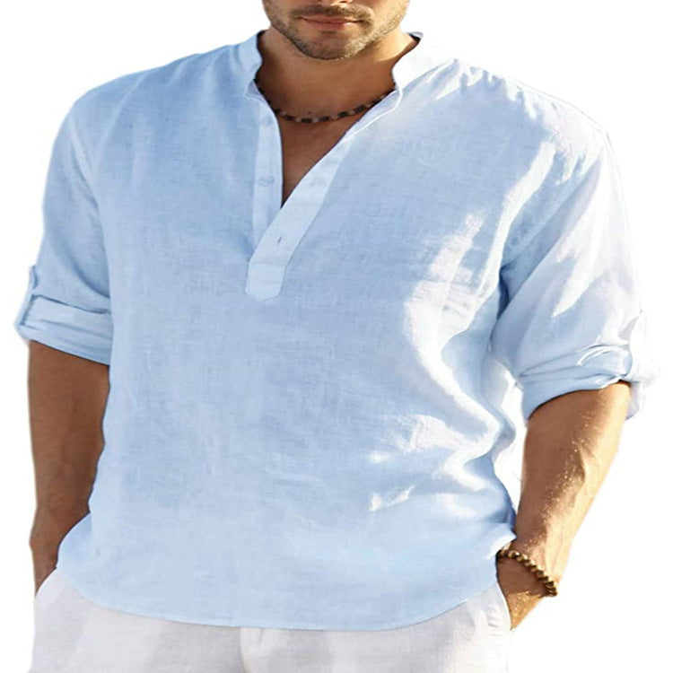 LuxioWear Mens Cotton Linen Shirt | Solid Color Long Sleeve Stand Collar