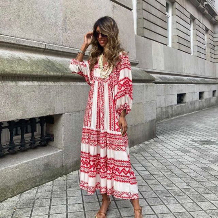 LuxioWear Bohemian Maxi Dress | Vintage Floral V-Neck Summer Outfit