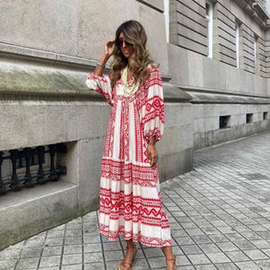 LuxioWear Bohemian Maxi Dress | Vintage Floral V-Neck Summer Outfit