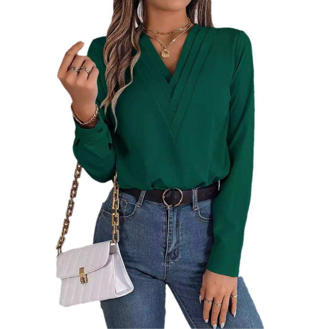 Luxiowear Layered V-Neck Long Sleeve Blouse | Elegant Women’s Solid Color Shirt