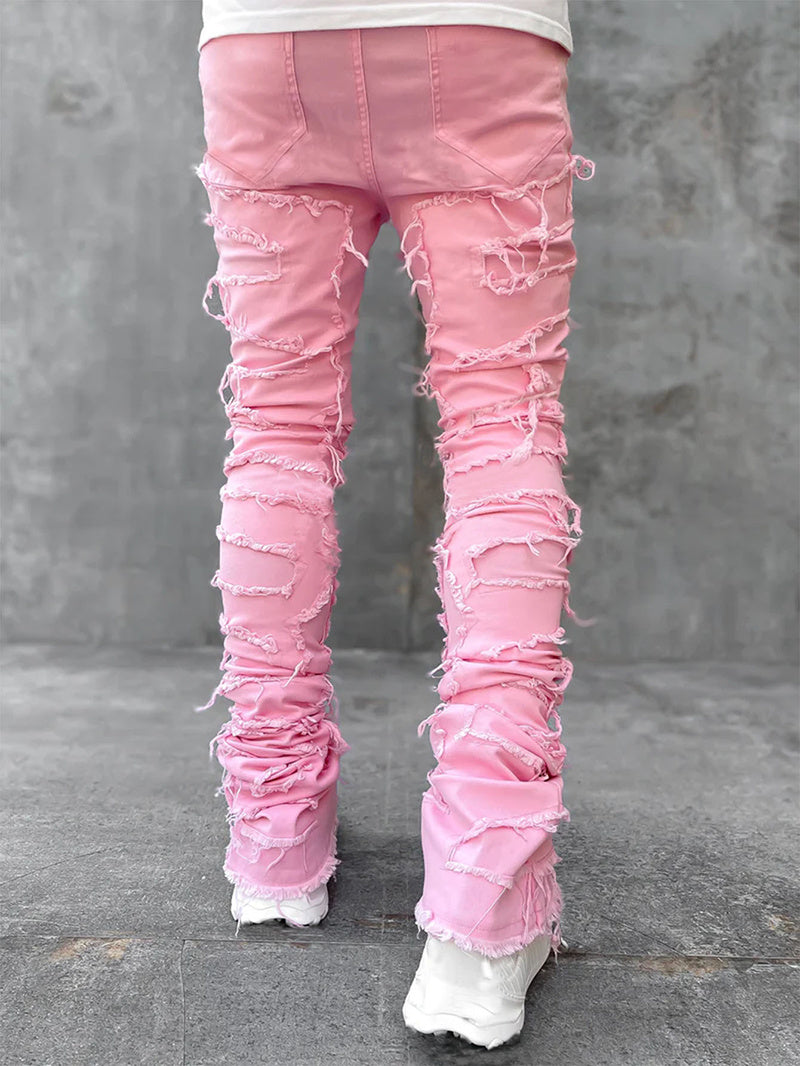 LuxioWear Men’s Stacked Jeans | Slim Fit Patched Cotton Trousers