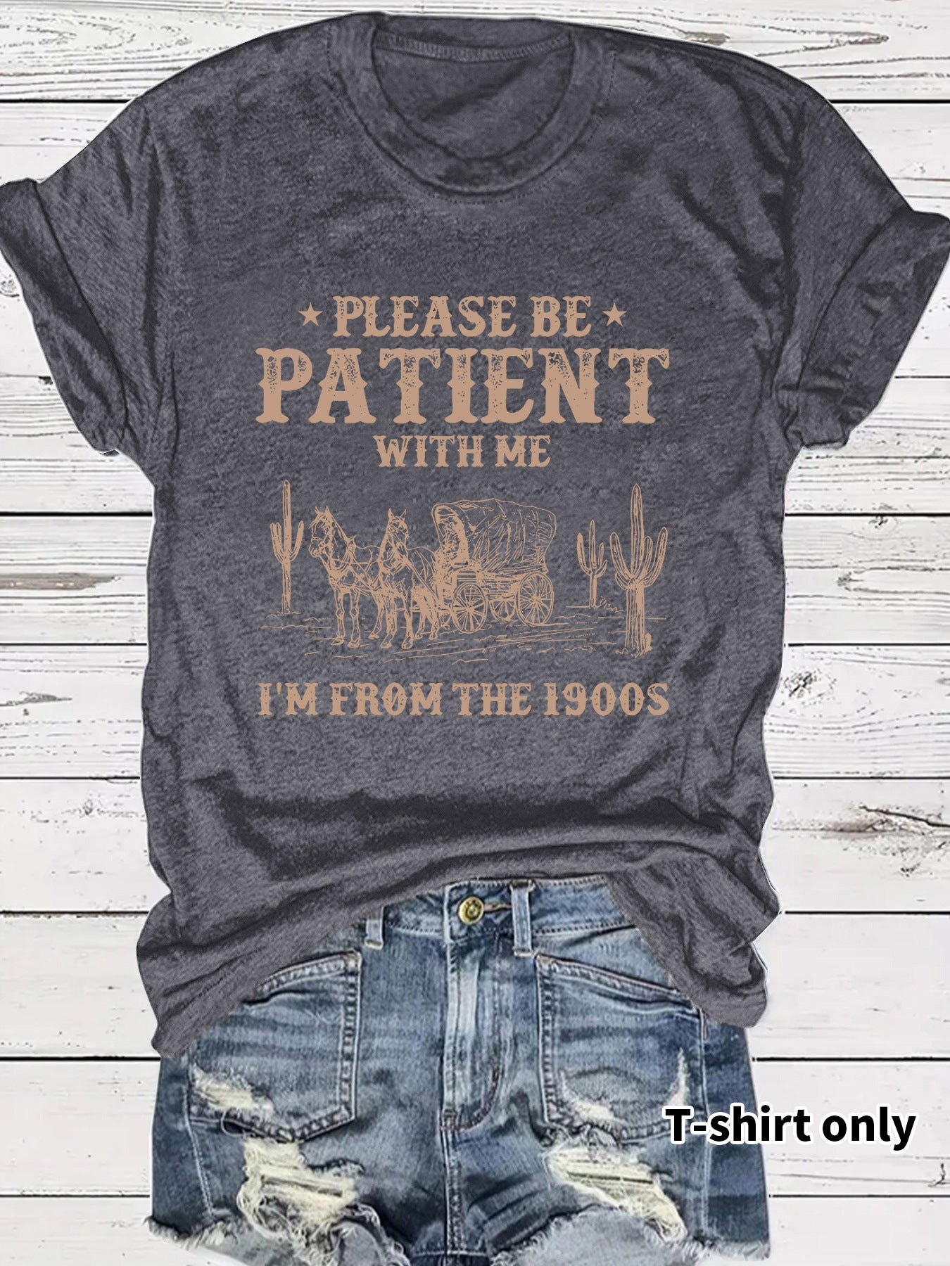 LuxioWear Western Denim Retro T-Shirt | Round Neck Short Sleeve Print Top