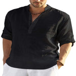 LuxioWear Mens Cotton Linen Shirt | Solid Color Long Sleeve Stand Collar