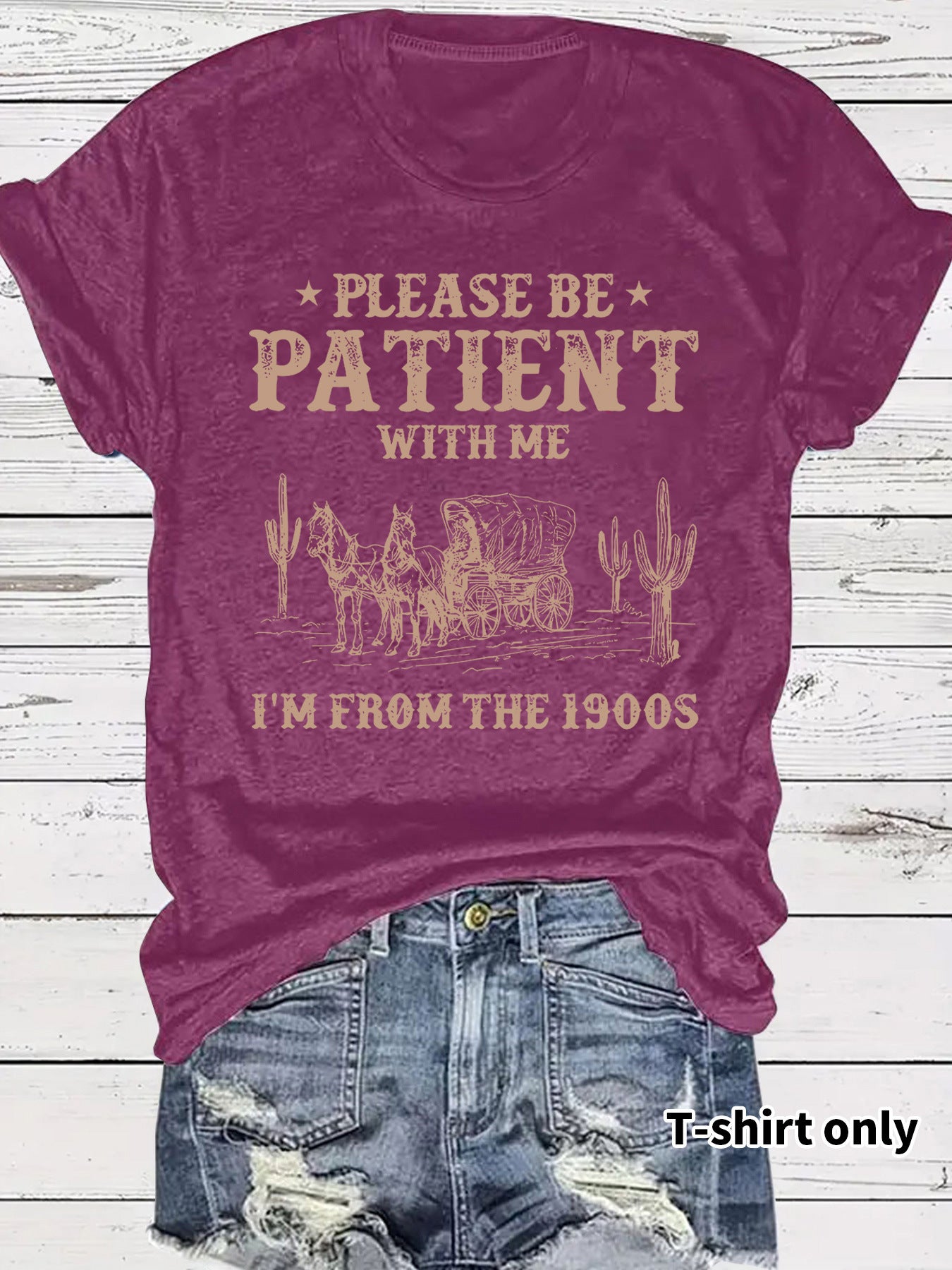 LuxioWear Western Denim Retro T-Shirt | Round Neck Short Sleeve Print Top