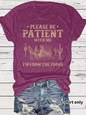 LuxioWear Western Denim Retro T-Shirt | Round Neck Short Sleeve Print Top