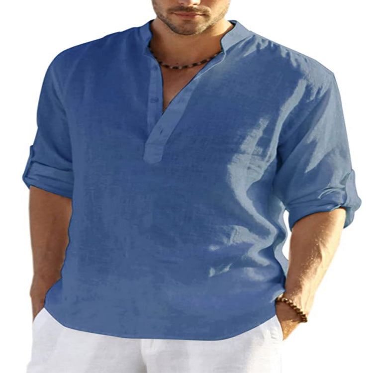 LuxioWear Mens Cotton Linen Shirt | Solid Color Long Sleeve Stand Collar