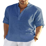 LuxioWear Mens Cotton Linen Shirt | Solid Color Long Sleeve Stand Collar