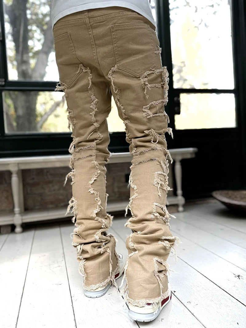 LuxioWear Men’s Stacked Jeans | Slim Fit Patched Cotton Trousers