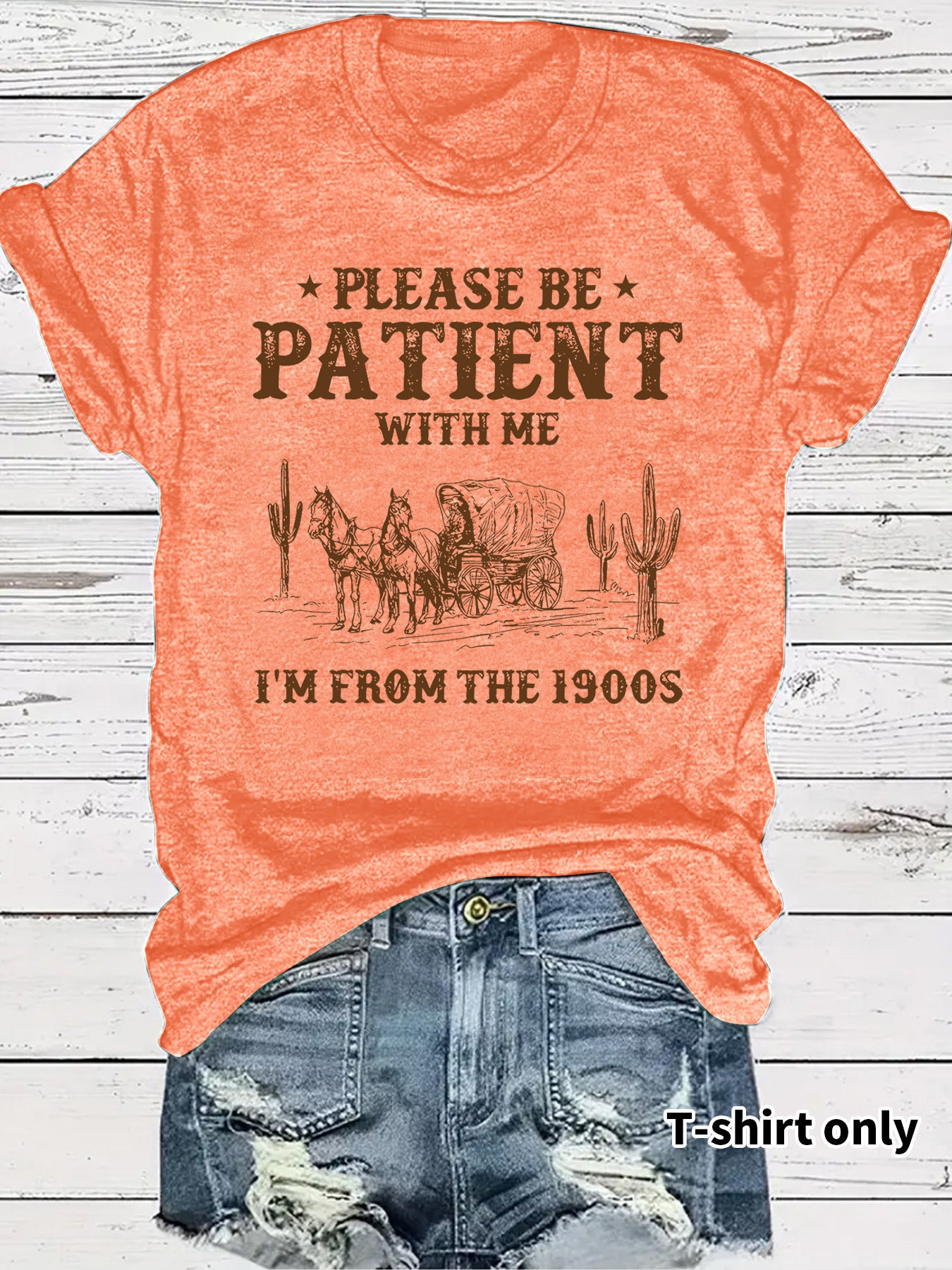 LuxioWear Western Denim Retro T-Shirt | Round Neck Short Sleeve Print Top