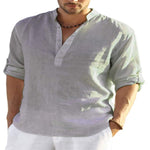 LuxioWear Mens Cotton Linen Shirt | Solid Color Long Sleeve Stand Collar