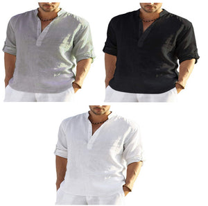 LuxioWear Mens Cotton Linen Shirt | Solid Color Long Sleeve Stand Collar