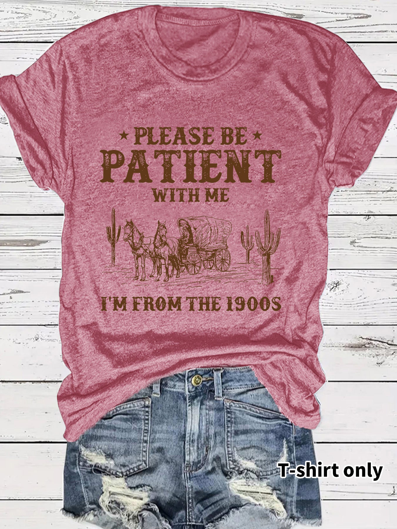 LuxioWear Western Denim Retro T-Shirt | Round Neck Short Sleeve Print Top